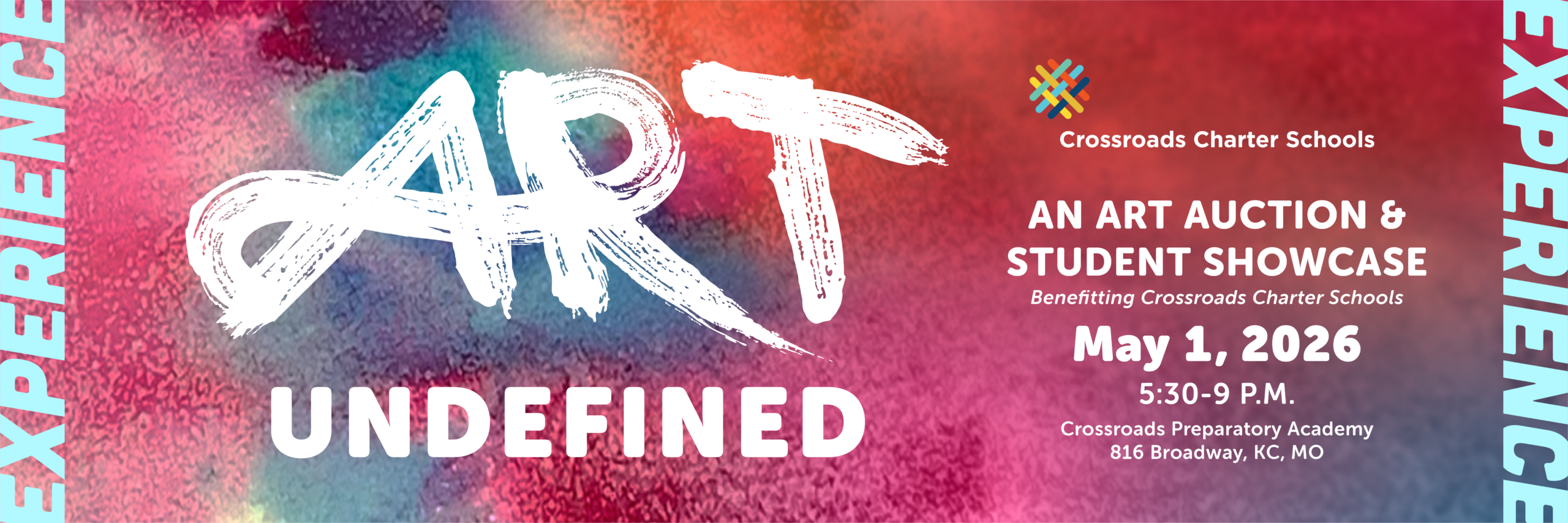 Colorful promotional graphic for the Art: Undefined student showcase and auction event with date, time, and location details