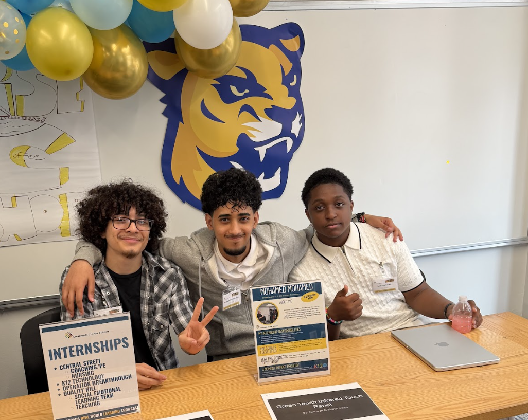 Students posing at a table in the classroom